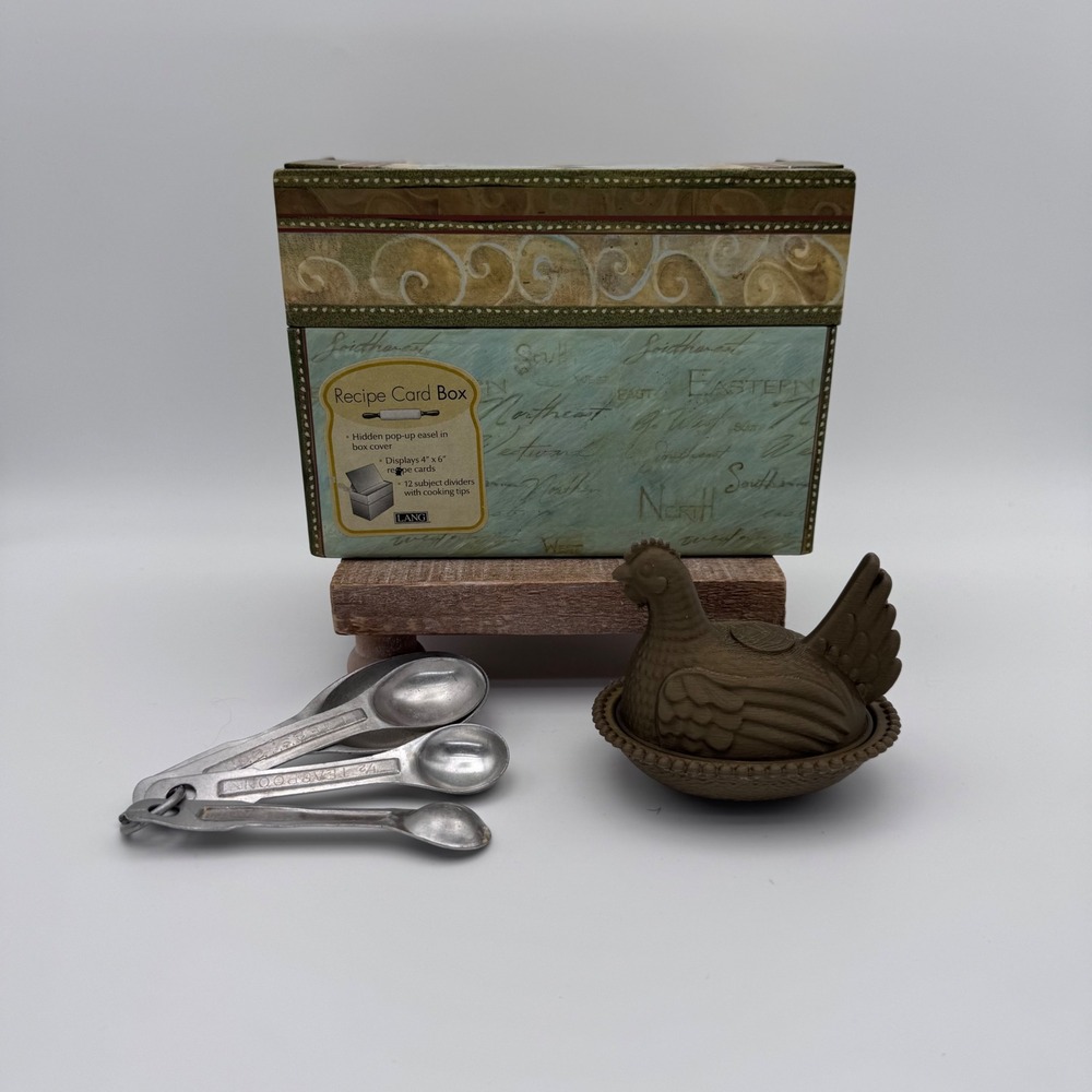 Lang Rooster Recipe Card Box with Cards Vintage Measuring Spoons & Plastic Hen
